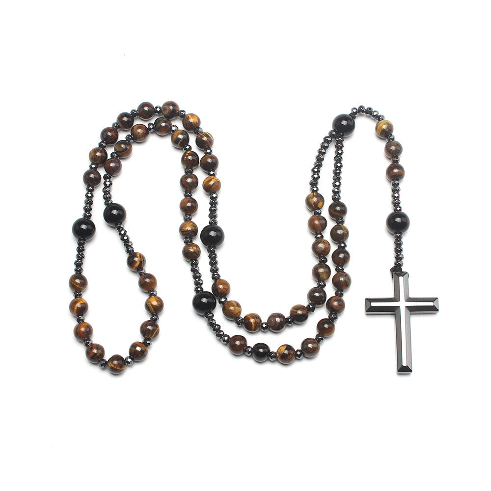 Natural Round Beads Long Chain Haematite Cross Beads Men's Necklace