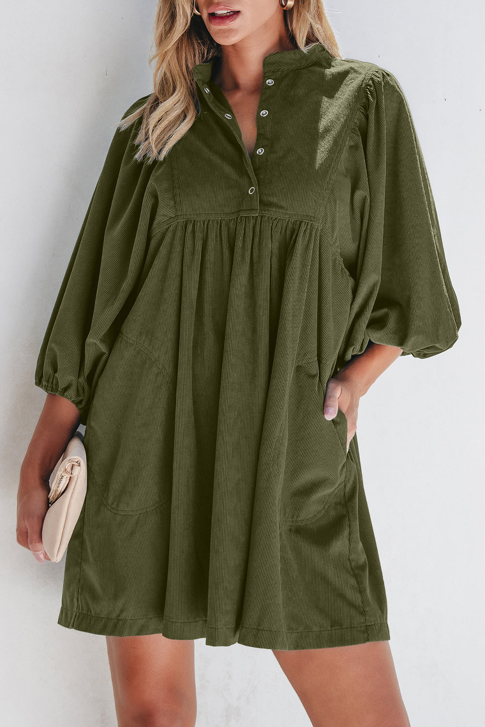 Vineyard Green Corduroy Snap Buttons Empire Waist Bracelet Sleeve Dress