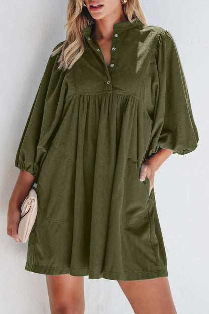 Vineyard Green Corduroy Snap Buttons Empire Waist Bracelet Sleeve Dress