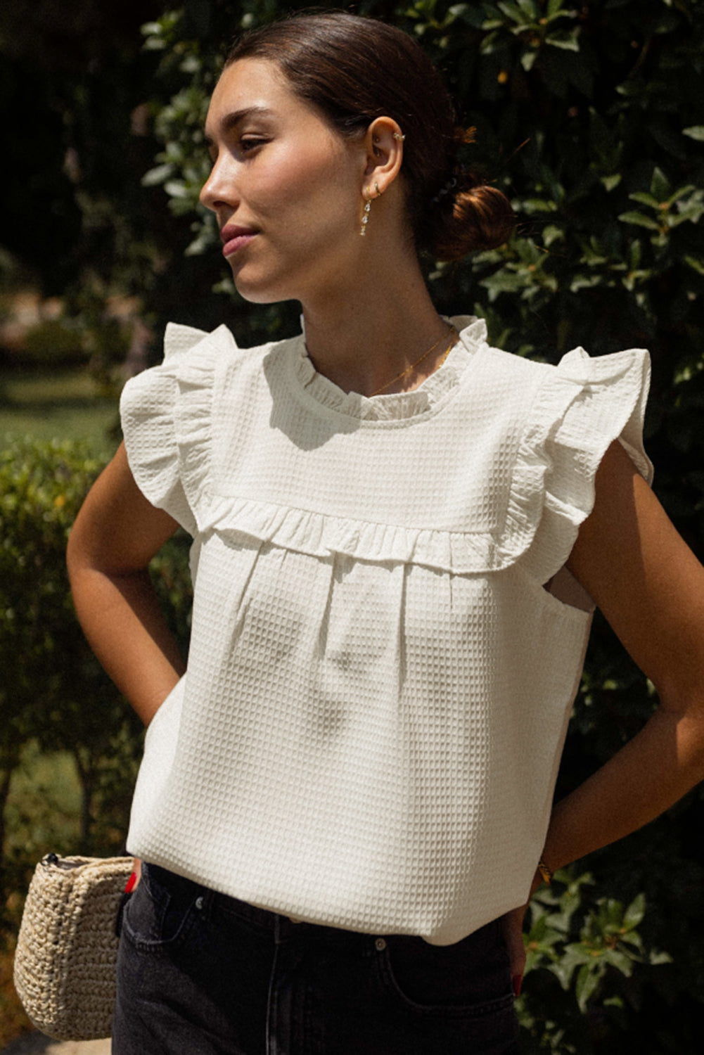 White Solid Color Ruffle Trim Waffle Knit Blouse