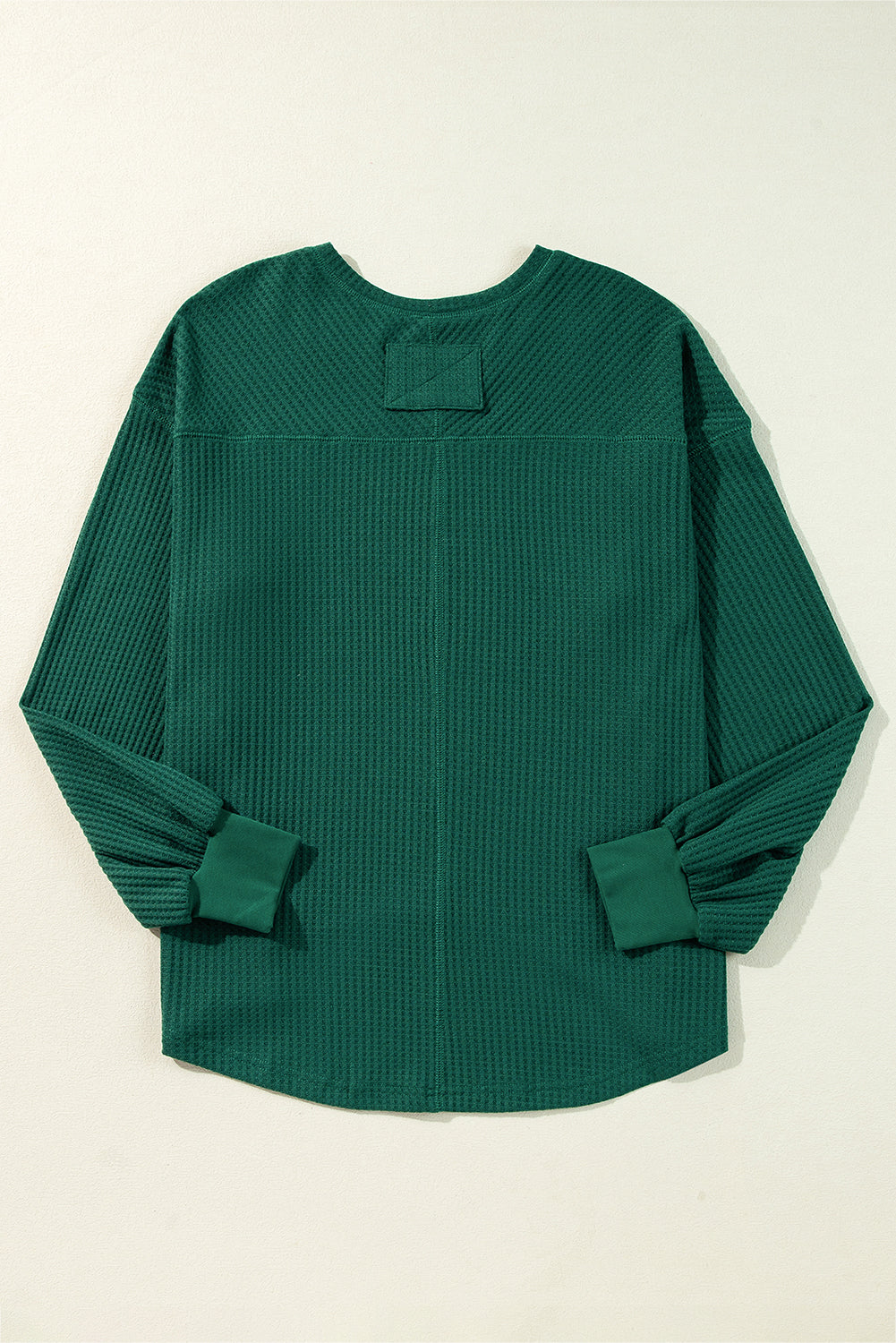 Blackish Green Waffle V Neck Long Sleeve Drop Shoulder Loose Blouse