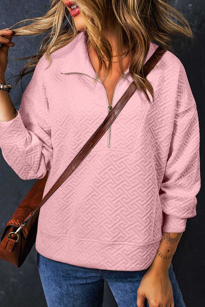 Light Pink Solid Textured Half Zipper Collared Sweatshirt