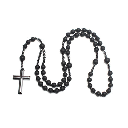 Natural Round Beads Long Chain Haematite Cross Beads Men's Necklace