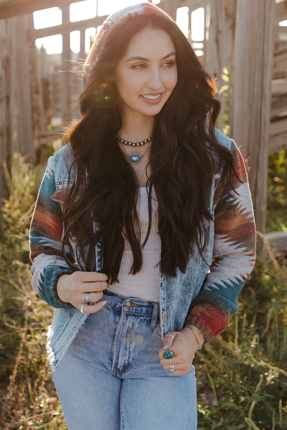 Multicolor Aztec Print Frayed Hem Denim Jacket