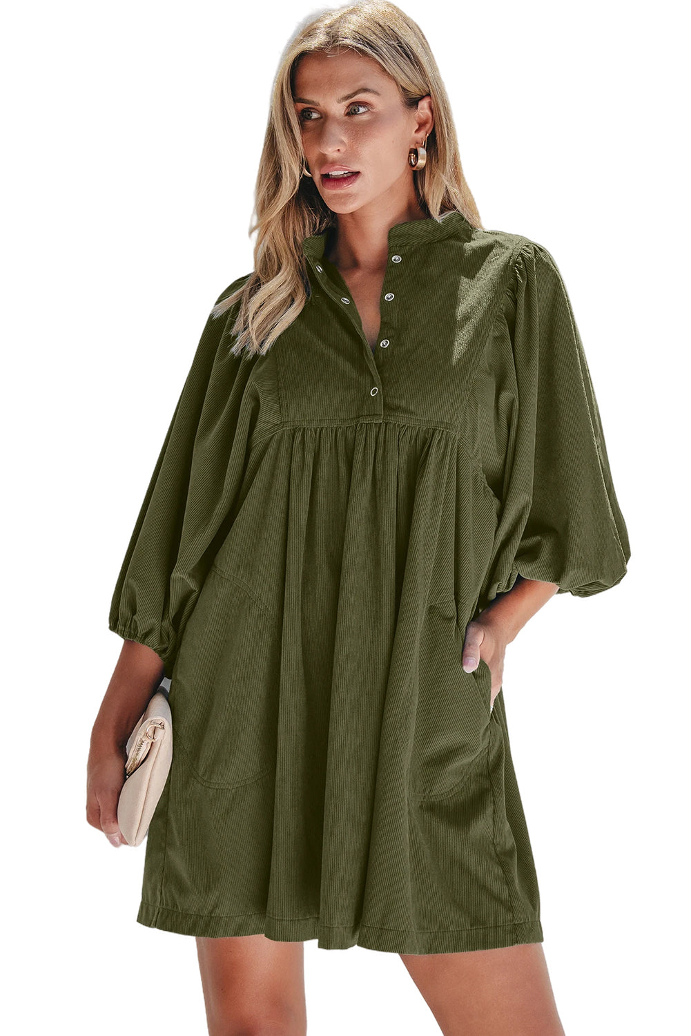 Vineyard Green Corduroy Snap Buttons Empire Waist Bracelet Sleeve Dress