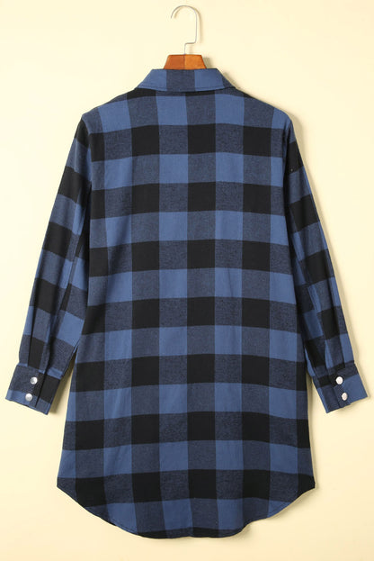 Blue Turn-down Collar Plaid Shirt Jacket