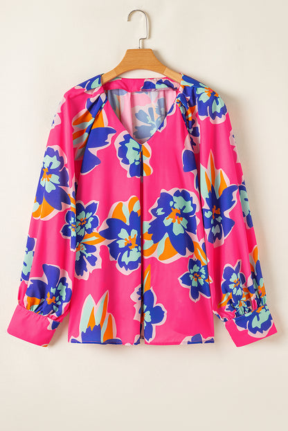 Rose Floral Pattern V Neck Balloon Sleeve Plus Size Blouse