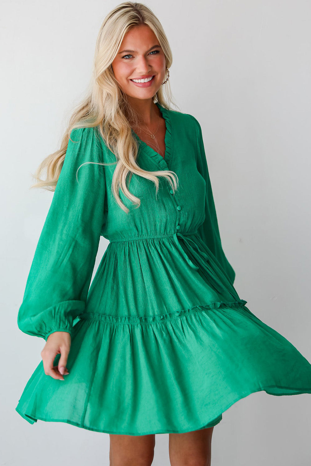 Sea Green Frilly V Neck Puff Sleeve Drawstring Shift Mini Dress