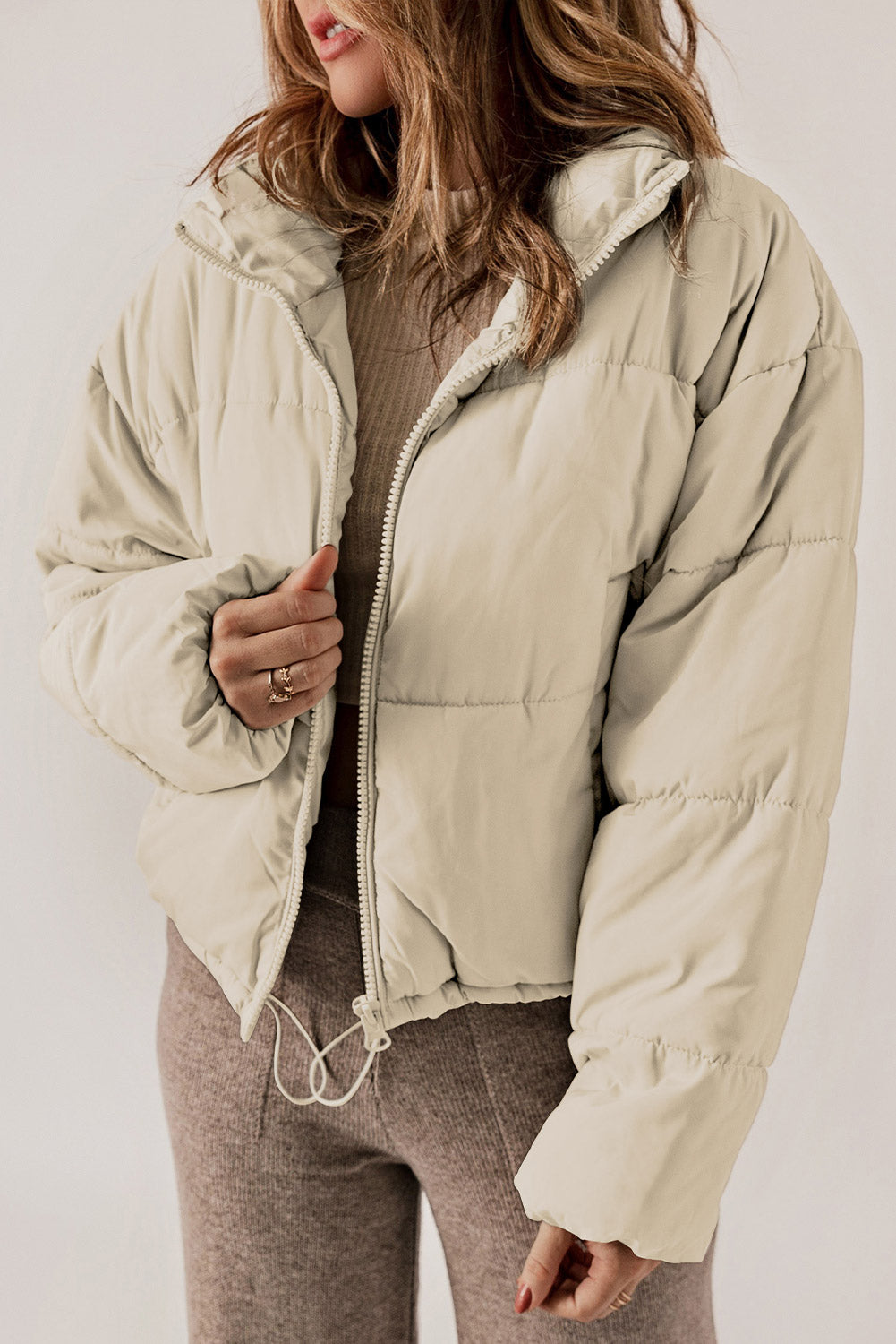 Apricot Zip Up Drawstring Hem Puffer Jackets