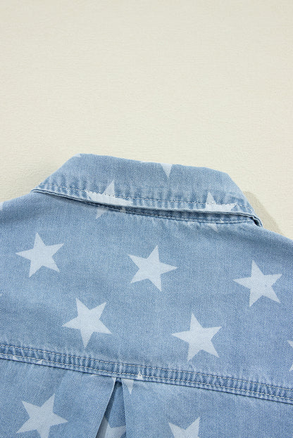 Sky Blue Star Print Light Wash Raw Hem Denim Jacket