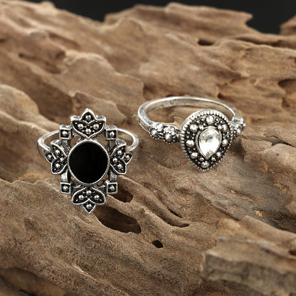 Personalized Hollow Lotus Sunflower Geometric Black Gemstone Set Ring