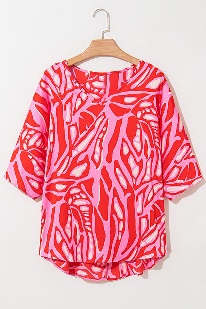 Red Abstract Print V Neck Batwing Sleeve Oversized Blouse