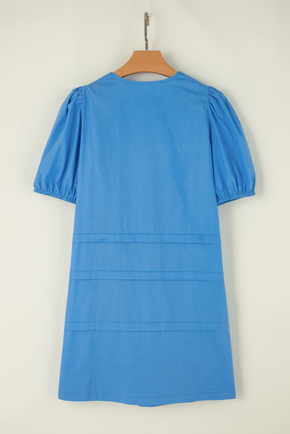 Blue Solid Color Pleated Puff Short Sleeve Shift Dress