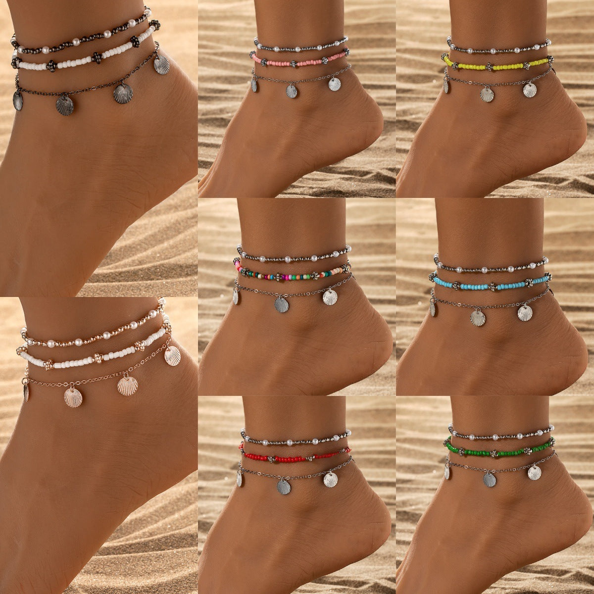 Fashion Vacation Style Alloy Double Heart Bead Turquoise Double Elastic Anklet