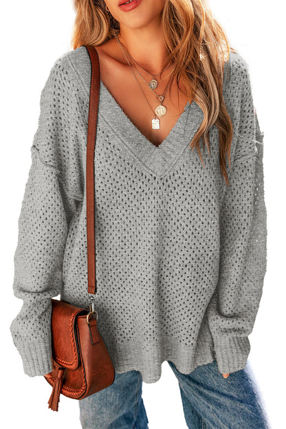 Light Grey Loose Eyelet V Neck Drop Shoulder Sweater