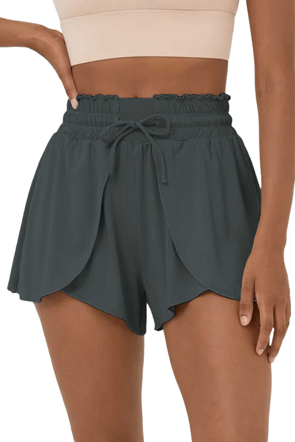 Dark Grey Frilly High Waist Petal Wrap Swim Shorts