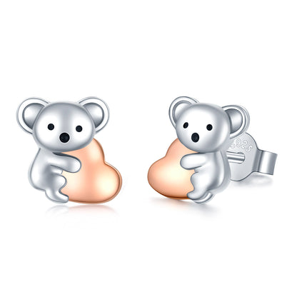 925 Sterling Silver Koala Bear Cute Animal Hypoallergenic Heart Crystal Earrings Jewellery