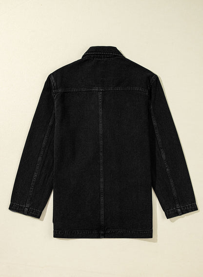 Black Side Pockets Lapel Collar Denim Jacket