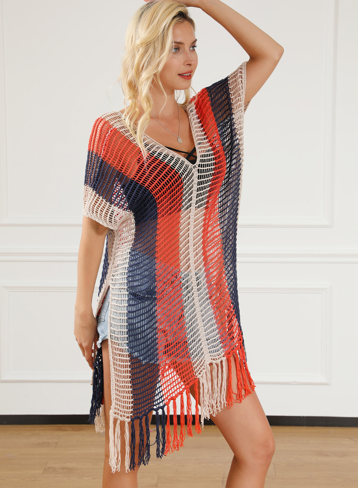 Multicolor Striped Tassel Crochet V Neck Beach Cover Up