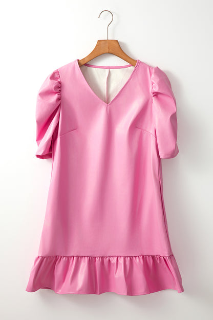 Sachet Pink Pleather Bubble Short Sleeve V Neck Ruffled Hem Mini Dress