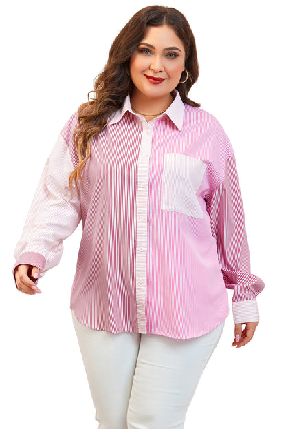 Pink Stripe Print Colorblock Plus Size Shirt