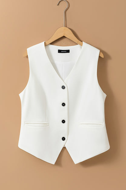 White Solid Color Button up V Neck Suit Vest