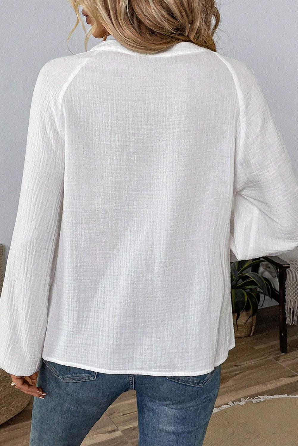 White Paisley Embroidered Textured Split Neck Long Puff Sleeve Blouse