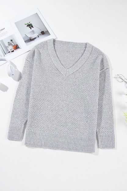 Light Grey Loose Eyelet V Neck Drop Shoulder Sweater