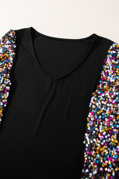 Black Sequin Bishop Sleeve U Neck Mini Sweater Dress