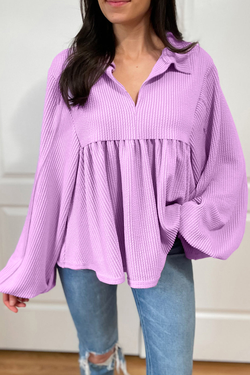 Phalaenopsis Corded Turn-down V Neck Bubble Sleeve Babydoll Blouse