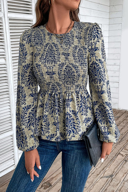 Sky Blue Boho Printed Balloon Sleeve Smocked Peplum Blouse