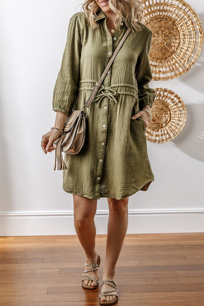 Jungle Green Textured Bracelet Sleeve Collared Button Up Dual Tied Mini Dress