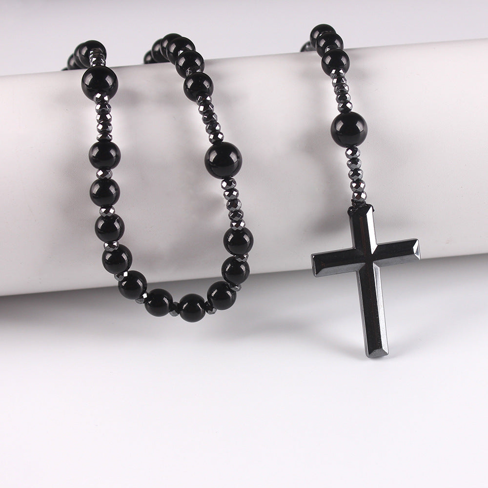 Natural Round Beads Long Chain Haematite Cross Beads Men's Necklace