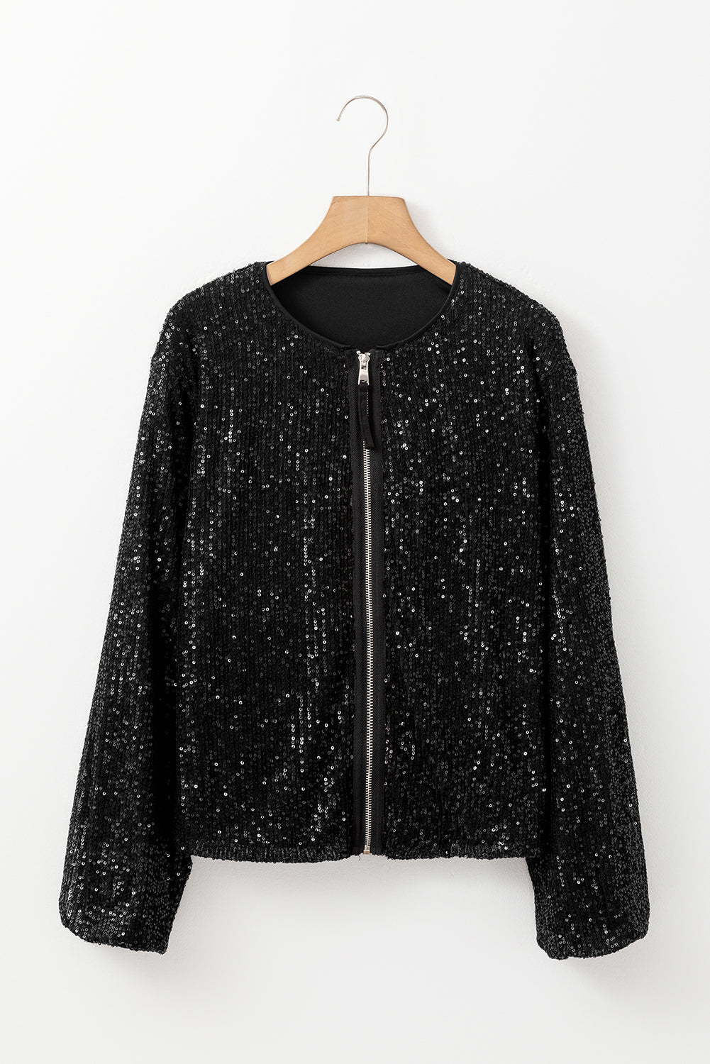 Black Sequin Zip up Round Neck Long Sleeve Jacket