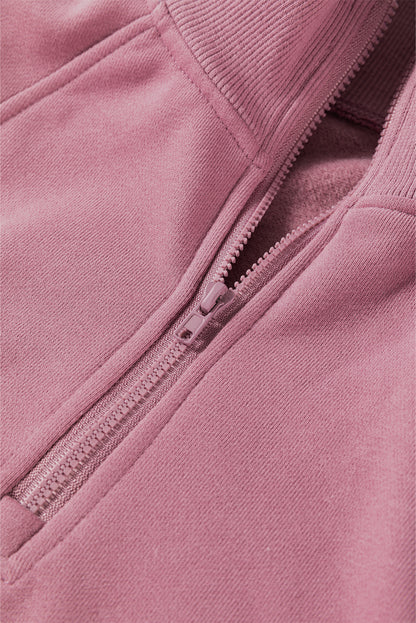 Fushia Zipped Neck Pullover Drop Shoulder Sweatshirt