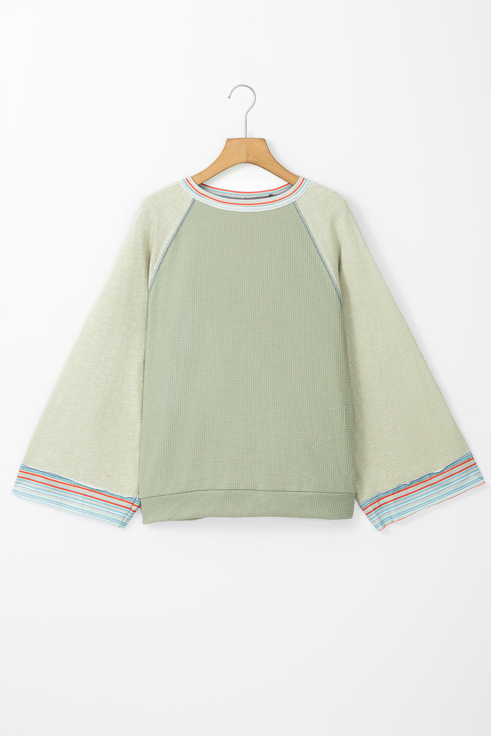 Meadow Mist Green Waffle Knit Wide Bracelet Sleeve Patchwork Raglan Top