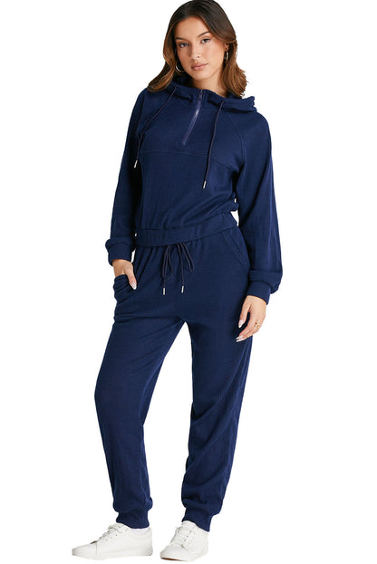 Navy Blue Ribbed Knit Cropped Hoodie and Drawstring Joggers Set