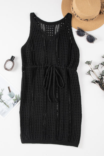 Black Crochet Hollow-out Sleeveless Beach Dress with Drawstring