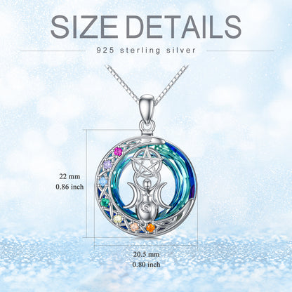 Chakra Triple Moon Goddess Crystal Necklace In White Gold Plated Sterling Silver