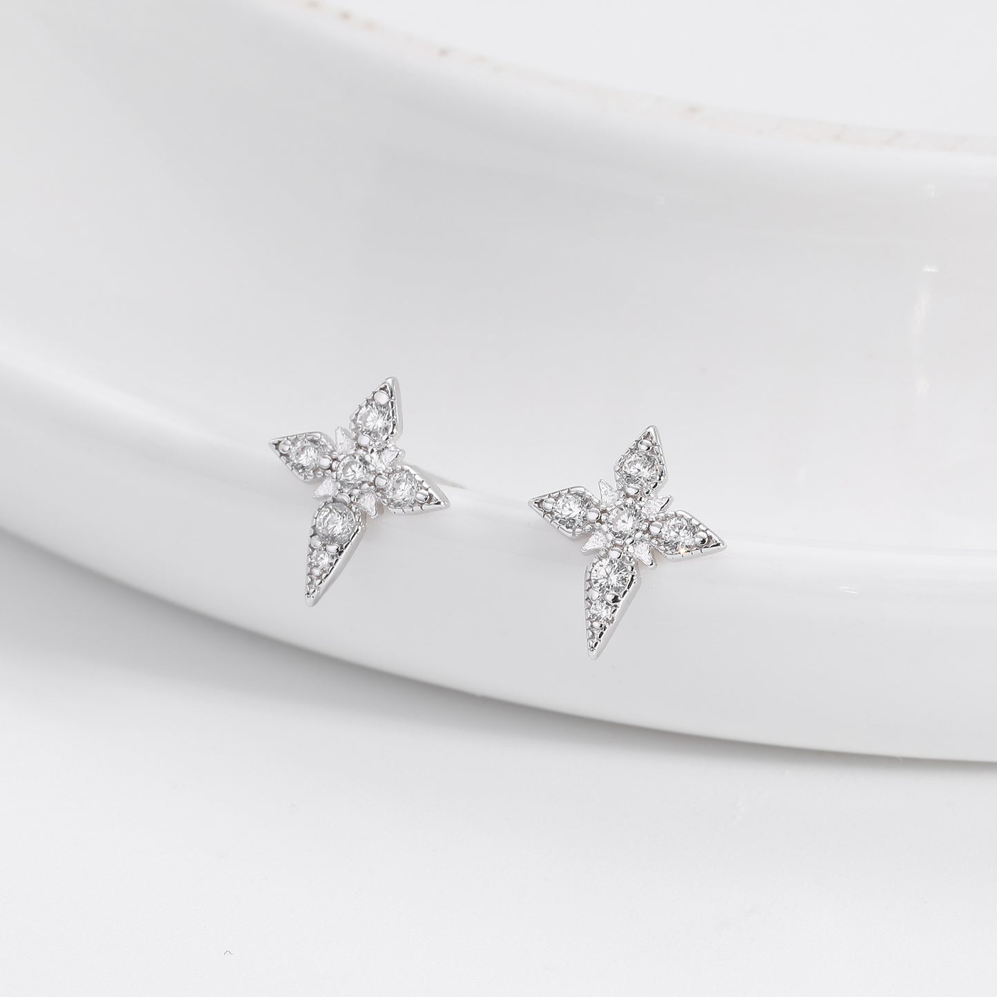 S925 Sterling Silver Diamond Four Eight-pointed Stars Stud Earrings