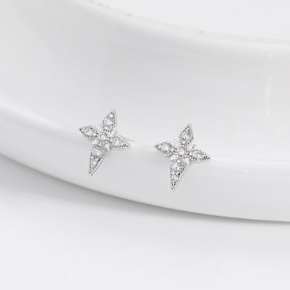 S925 Sterling Silver Diamond Four Eight-pointed Stars Stud Earrings