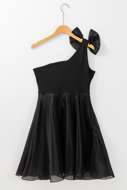 Black Bowtie One-shoulder Tulle Overlay Skater Dress