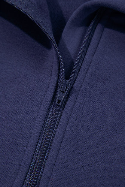 Navy Blue Fleece Lined Zip Up Stand Collar Thumbhole Sleeve Sweatshirt