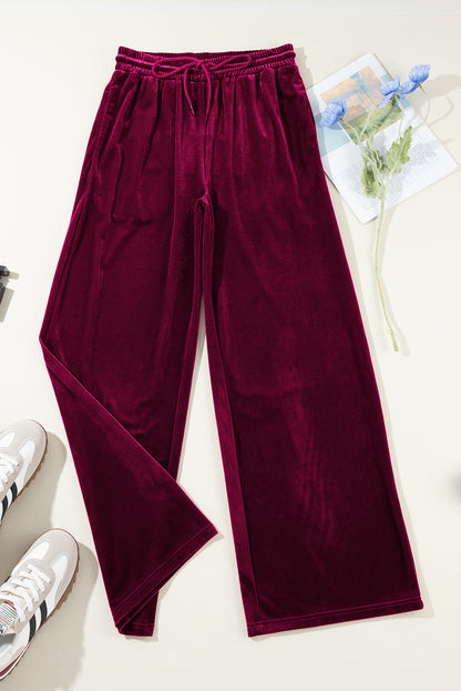 Burgundy Solid Drawstring Waist Wide Leg Pants