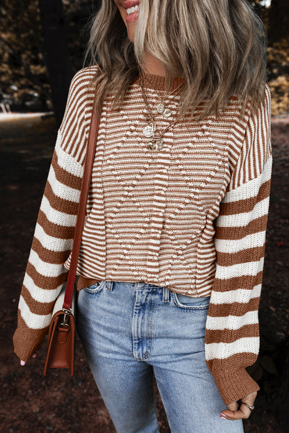 Brown Stripe Geometric Textured Drop Shoulder Sweater