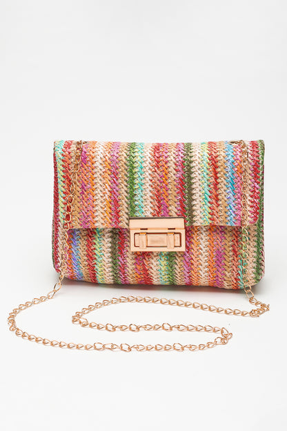 Strawberry Pink Bohemian Woven Gold Chain Shoulder Bag