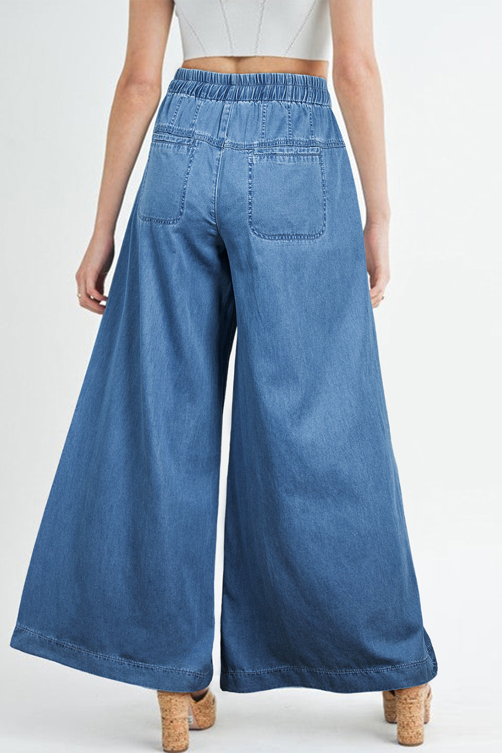 Dusk Blue Mineral Wash Button Fly Waist Wide Leg Jeans