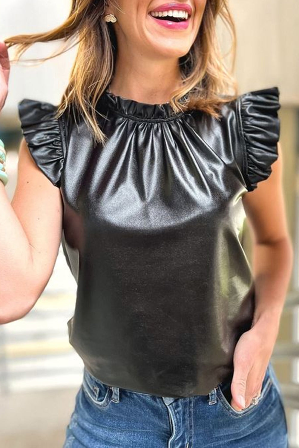 Black PU Leather Frilly Ruffle Trim Blouse