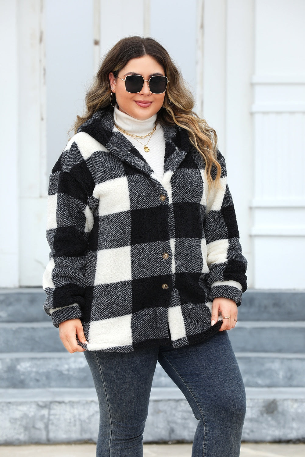 Plus Size Plaid Button Up Hooded Jacket