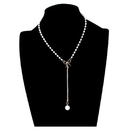 European And American Graceful Bow Long Pearl Tassel Pendant Necklace